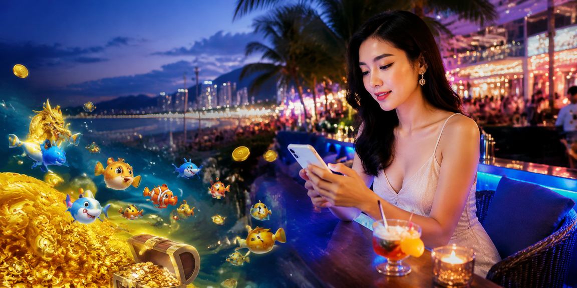 Người dùng VIP tại Nha Trang chơi casino mobile trên bãi biển buổi tối